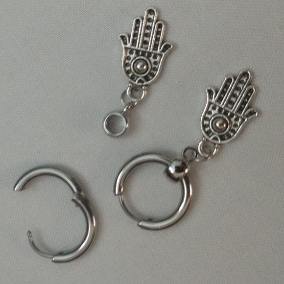 Earrings Stainless Steel Hamsa Hand of Fatima's Evil Eye Protection Silver-tone - Picture 11 of 13
